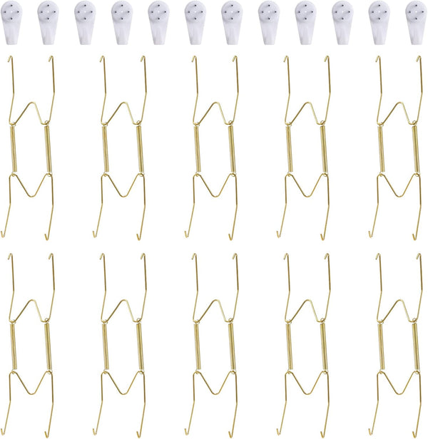 10-Piece Brass Plate Wall Hangers, 8 Inch Invisible Decorative Holders with 12-Piece Wall Hooks