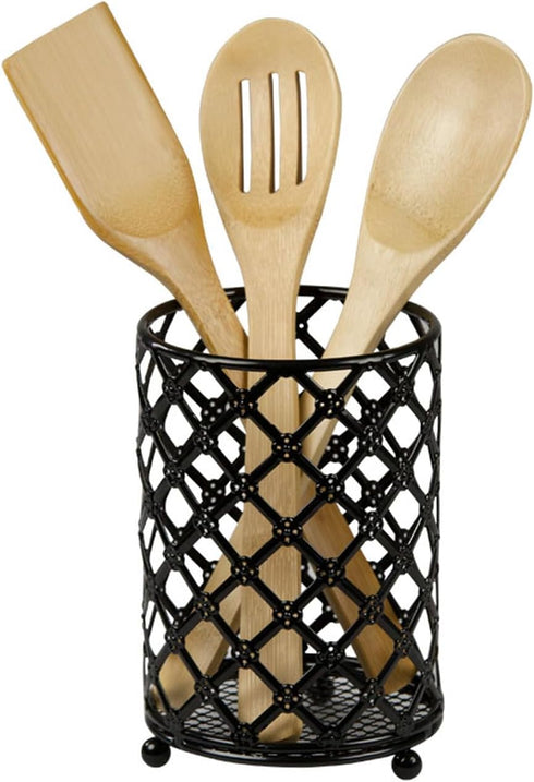 Home Basics Heavy Duty Steel Lattice Cutlery Holder, Utensil Organizer, Rust-resistant, Black, 5" x 5" x 7"