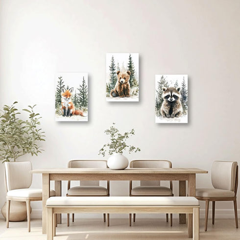 3 (11x14inchx3Pcs) CXHOSTENT Woodland Animal Nursery Wall Art Forest Animal Wall Decor Pieces Fox Raccoon Bear Pictures