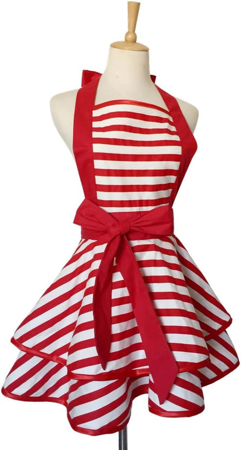 Cute Lovely Violet Mist Retro Aprons for Women, Girls, Vintage 50s Red Striped Kitchen Ruffle Apron, Christmas Gift
