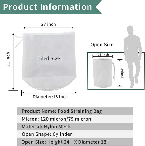 12"x18" Nylon Mesh Strainer Bags - 180 Micron for Almond Nut Milk, Greek Yogurt, Home Brewing