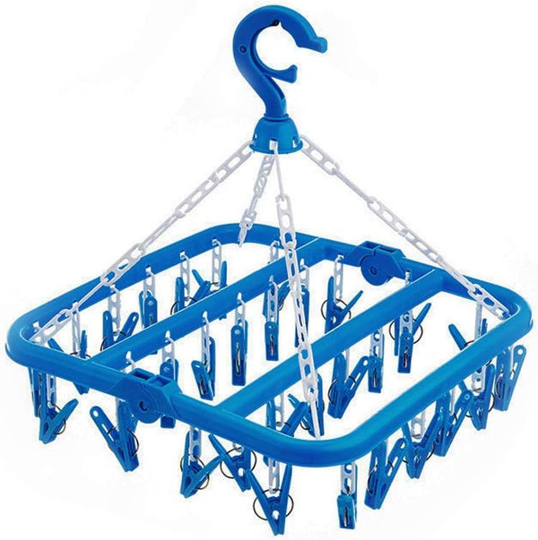 SteelFever Clothes Drying Hanger, Foldable Drying Rack with 32 Clips for Clothes, Underwear, Socks (Blue)