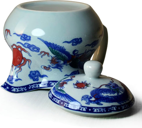 Teapot 15oz Blue White Porcelain China with Stainless Steel Infuser - Dragon and Phoenix (cihu long) - Yxhupot