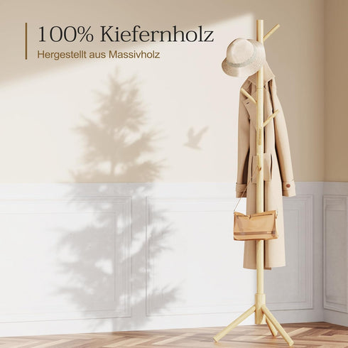 Pipishell Sturdy Wooden Coat Rack Stand, Adjustable Free Standing Tree Hanger with 4 Sections & 8 Hooks for Home