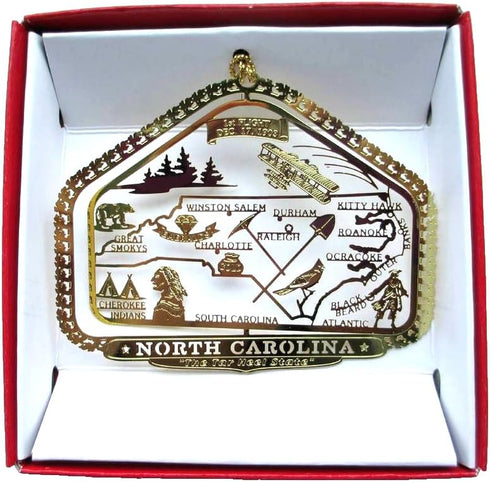 North Carolina State Brass Christmas Ornament, Nations Treasures, Raleigh, Charlotte, Roanoke, Kitty Hawk, Durham
