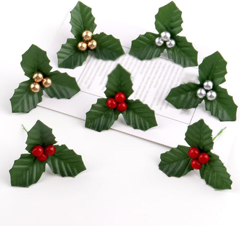 Jinshining 20 Pcs Red and Green Christmas Holly Berries Faux Berry Flowers with Leaves Xmas Berry Picks