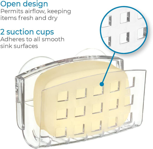 iDesign BPA-Free Plastic Sponge Holder for Kitchen Sink, Clear, with Suction Cups