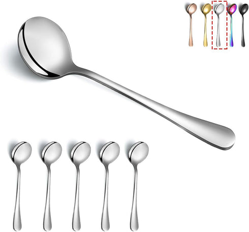 Kyraton 6-Piece Stainless Steel Round Soup Spoons, Dinner & Table Spoons, Dishwasher Safe Silverware Set