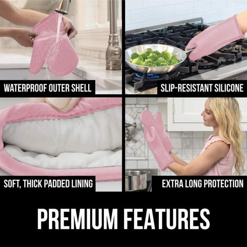 Gorilla Grip Heat and Slip Resistant Silicone Oven Mitts Set, Waterproof, Long Flexible Gloves for Cooking, Pink