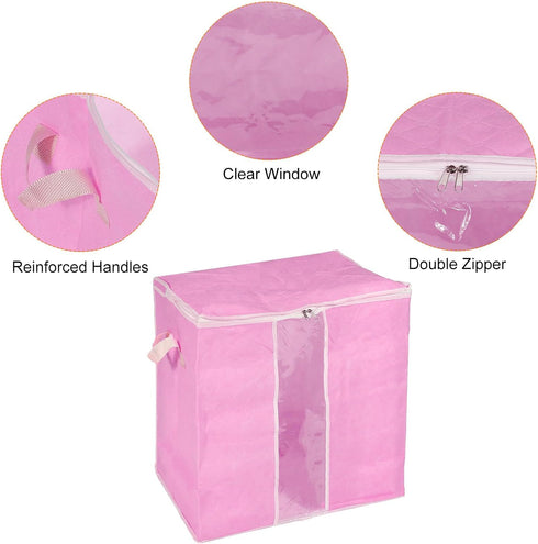 uxcell 3pcs Clothes Storage Bag, Foldable Closet Organizer with Reinforced Handle for Bedding, Blankets, Clothing, Pink