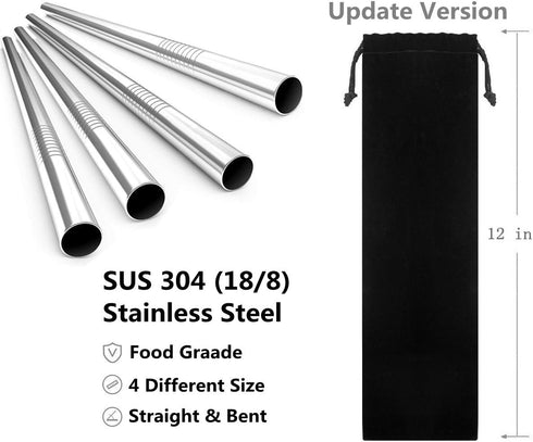 Reusable Stainless Steel Drinking Straws, 20 Pcs, 4 Sizes - 6.3'' 7.1'' 8.5'' 10.5'', BPA Free with 2 Brushes and Carry