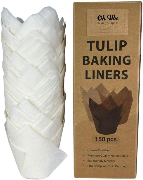 150-Pack Nordic Paper White Tulip Muffin Liners, Non-toxic, Grease-Resistant Baking Cups for Standard Muffin Pans