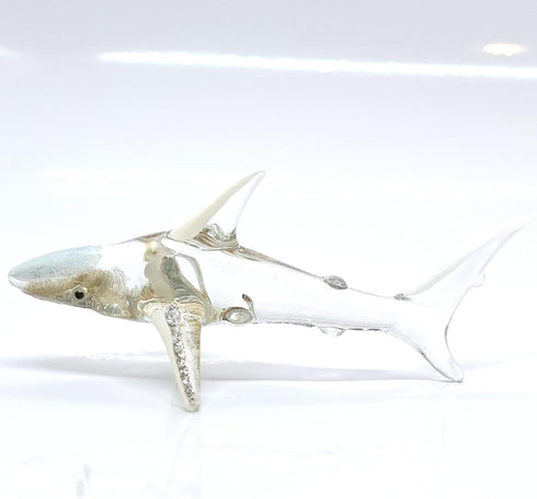 Shark Miniature Figurines - Tiny Hand Painted Blown Glass Art Collectible Gift Decor (Clear Silver)