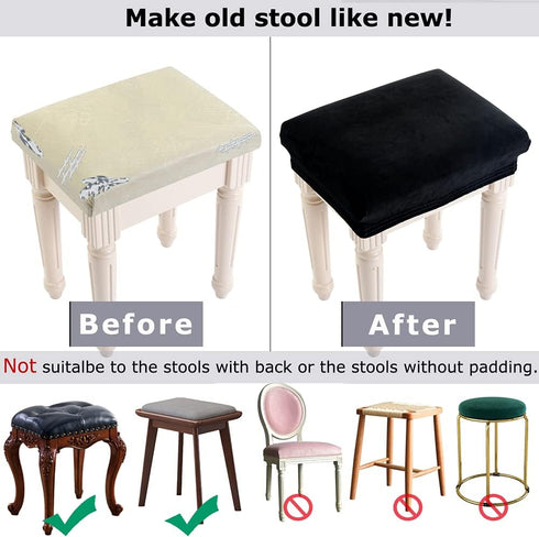 SINOSSO Soft Velvet Vanity Bench Cover, Stretch Washable Rectangle Saddle Bar Stool Slipcover - Black
