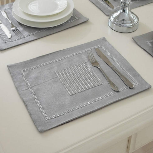 Pack of 4 Matching Rhinestones Placemats, 12x16 Inches Grey Sequined for Spring Wedding Birthday Baby Shower