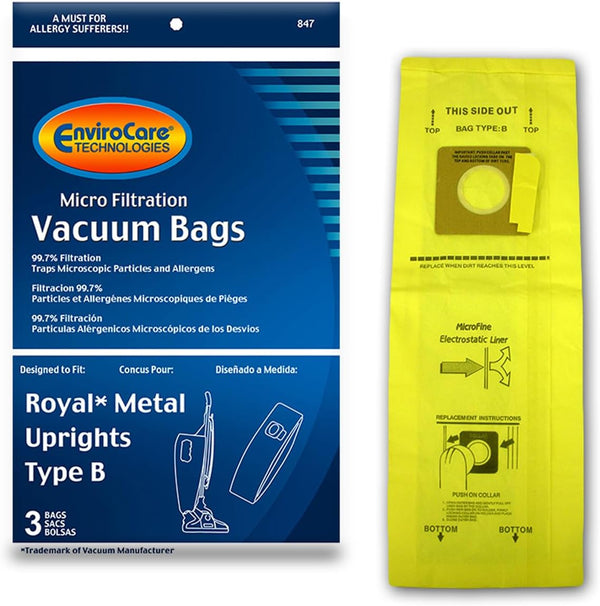 EnviroCare 3 Pack Replacement Micro Filtration Dust Bags for Royal Upright Type B Vacuum Cleaners