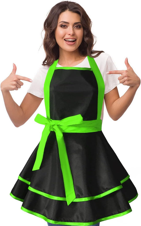 Cute Lovely Retro Aprons for Women, Vintage 50s Black Green Cooking Kitchen Ruffle Apron for Housewife Gift
