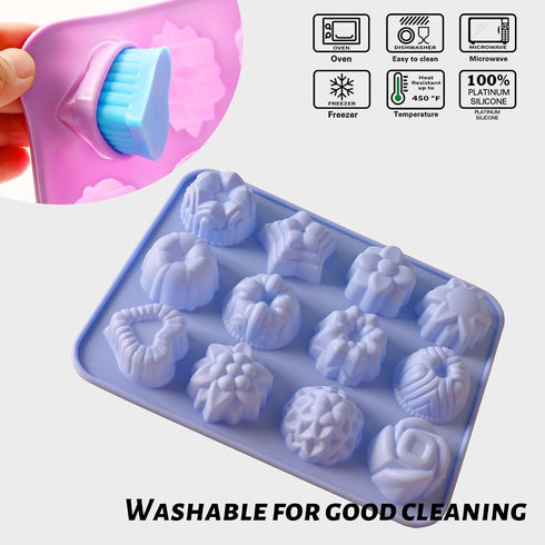 Sakolla 3 Pack Chocolate Flowers Silicone Molds, 12 Cavity Heart Shape Candy Cake Molds for Baking, Cupcake