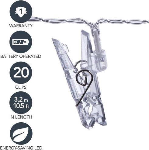 GL42589 10.5 Sterno Home LED Battery-Operated Clip String Lights, Feet, Warm White Cord