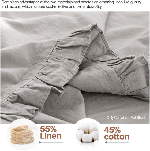 55% 45% BISELINA Linen Sheet French Flax Flat Sheet with Pleated Ruffles Euro Linen Cotton Solid Color Soft Breathable