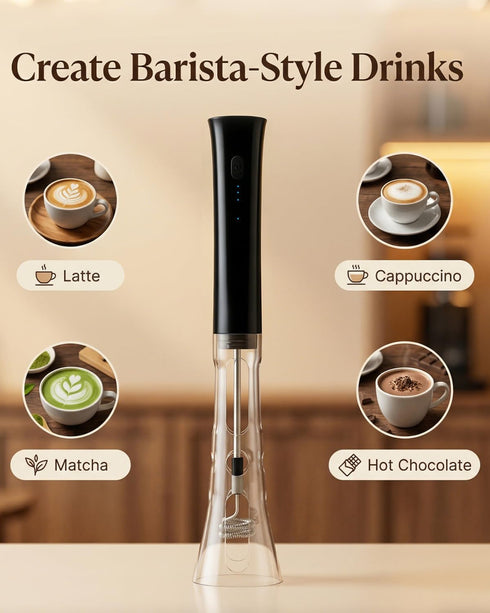 2 Milk Frother Handheld Rechargeable, Low Noise Electric Coffee Frother Wand with Stand, Stainless Steel Shaft