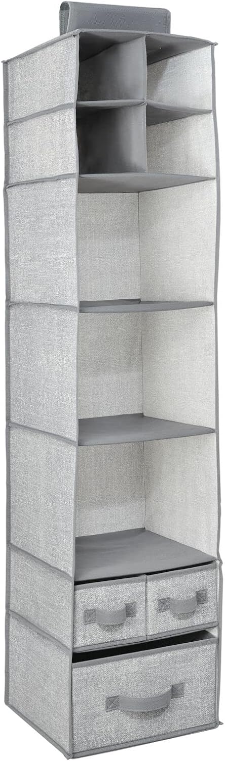 Closet 7 Shelves/3 mDesign Fabric Hanging Organizer - Over Rod Storage - Removable Drawers for Baby Nursery Bedroom