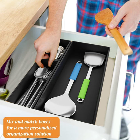 Black Bamboo Drawer Organizer - Multi-Use Silverware & Utensil Holder for Kitchen, Bathroom, Office, Jewelry (9"3"2.5")
