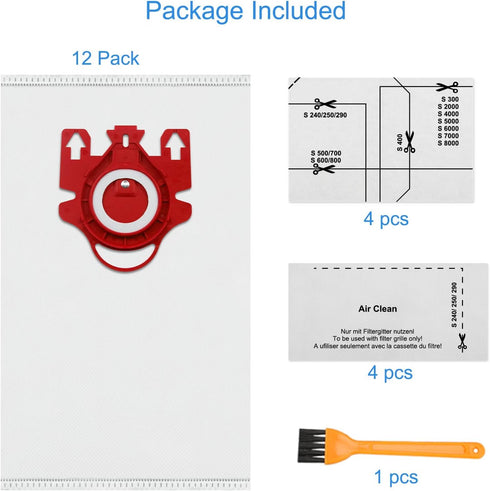 12 Pack FJM Vacuum Bags Compatible with Miele FJM Bags, Include Pre-Motor and Post-Motor Filters