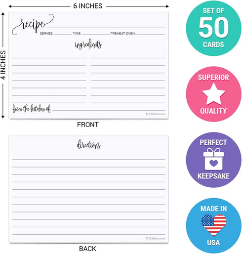 321Done Recipe Cards, Made in USA - 4x6 Black and White Modern Minimalist, Set of 50 for Weddings, Bridal Shower