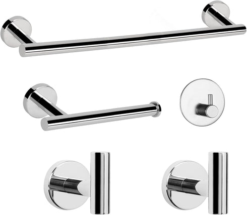 NearMoon 5 Pcs Bathroom Hardware Set, SUS 304 Stainless Steel, 16" Towel Bar, Toilet Paper Holder, 3 Hooks, Chrome