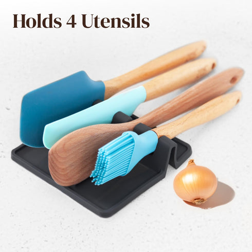 Black Silicone Spoon Rest with Drip Pad - Heat-Resistant Utensil Rest & Spoon Holder for Kitchen Counter