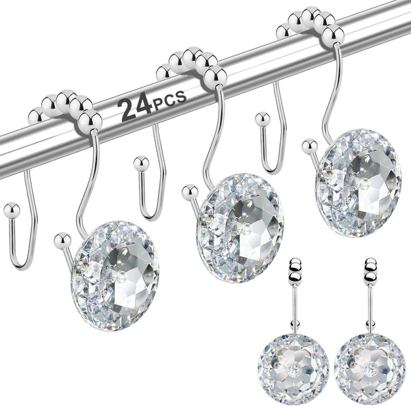 Shower Curtain Hooks Rings, 12PCS Double Hooks Glide Anti Rust Crystal Rhinestones for Shower Curtains