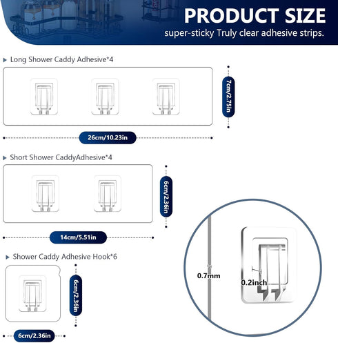 14 Pack Shower Caddy Replacement, Strong Adhesive Flat Hooks, Clear Waterproof Shower Shelf Strips for No Drilling