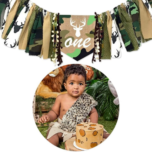 1st XCKALI Jungle Hunting High Chair Birthday Theme Banner Birthday High Chair One Camouflage Decoration Party Baby