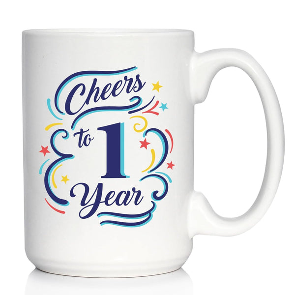 Cheers to 1 Year Coffee Mug Gift, 15oz White Ceramic Mug for Women & Men, 1st Anniversary Party Decor