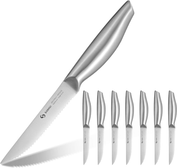 Steak Knife Set of 8, German Stainless Steel Serrated Steak Knives, Silver