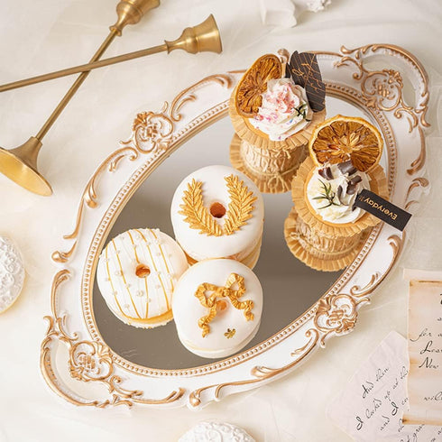 Sooyee White and Gold Mirror Decorative Tray for Bathroom Vanity, Dessert & Coffee Table, Home Decor with Handle