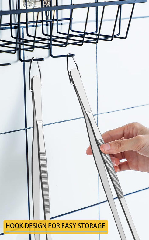 JETKONG 2 Pcs 12-Inch Extra-Long Stainless Steel Kitchen Tweezers, Fine Tweezer Tongs, Silver