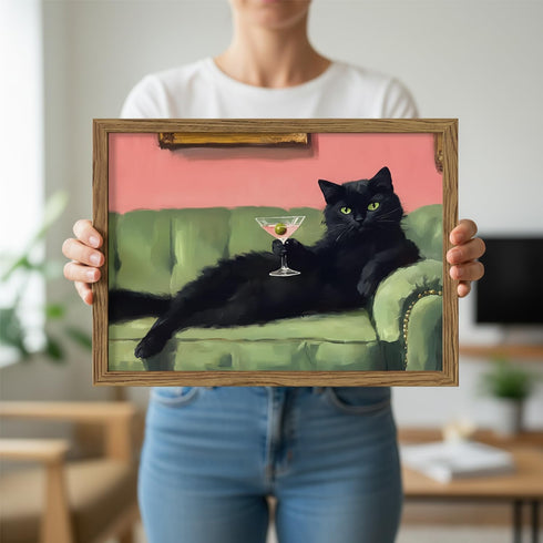 8x10 inch Funny Black Cat Martini Wall Art Eclectic Whimsical Cat Wall Decor Cocktail Bar Cart Painting Canvas Print