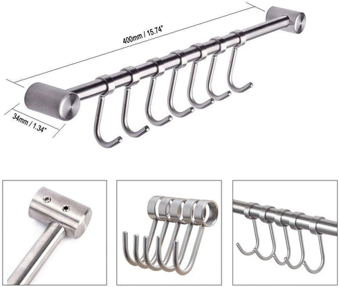 304 Stainless Steel Kitchen Utensil Racks, 15" Wall Mounted with 7 Sliding Hooks Hangers