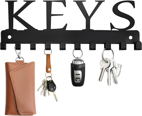 Black Key Holder Wall Mount, Decorative Key Rack Organizer with 10 Hooks, Metal Adhesive Keychain Holder