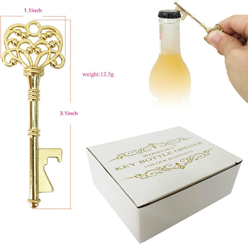 WODEGIFT 20 PCS Vintage Skeleton Key Bottle Openers - Wedding Favors with Tag Cards and Key Chains (Gold)