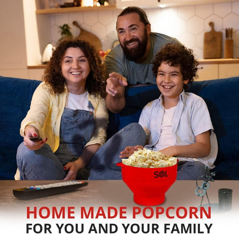 SOL Heat-Resistant Cooking Utensil Set, Microwave Silicone Popcorn Maker with Lid, BPA Free, Collapsible Bowl (Red)
