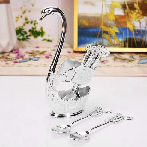 Decorative Swan Base Holder for Coffee Spoons, Metal Teaspoon and Dessert Flatware, Silvery White