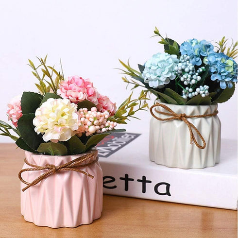 Fake Hydrangeas with Pot, Mini Hydrangea Artificial Flowers, Artificial Plant in Ceramic Vase for Office Desktop