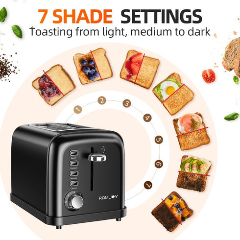 Black 2 Slice Toaster, Extra Wide Slot for Bagels, 7 Shade Settings, Removable Crumb Tray