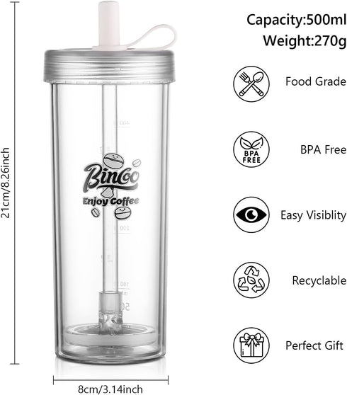 Portable Travel Coffee Press, 16oz, Double Wall with Lids and Straws, Single Serve for Travel, Home
