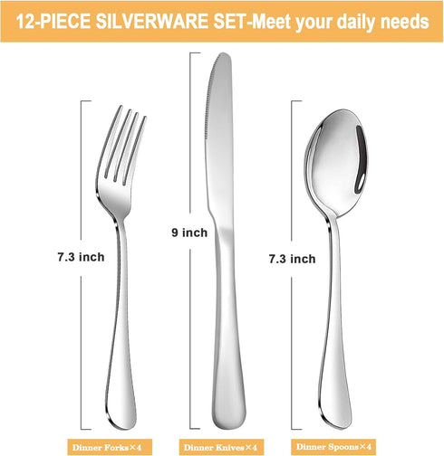 Silverware Set,SANTUO Stainless Steel Knives Spoon Forks Set for Home, Kitchen and Restaurant, Mirror Polished& Dishwasher Safe (12pcs-Silverware set) by SANTUO