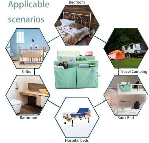 Green Bedside Caddy, Multi-Function Hanging Storage Basket for Bunk and Hospital Beds, Holds Glasses, Books, Mobile