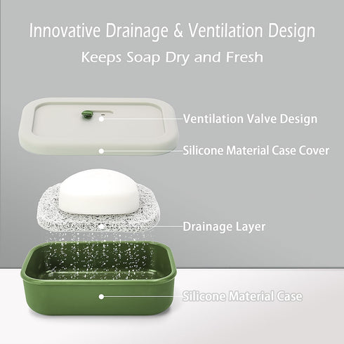 AIDIMMING Silicone Enhanced Leak Proof Travel Soap Case, Vented Shampoo Bar Holder, Large Bar Soap Box with Lid